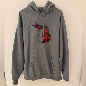 Gray Hoodie with Red Buffalo Plaid Michigan Patch